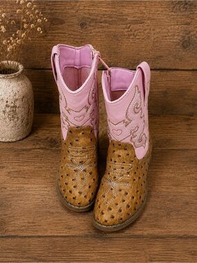 PAWZ Girls Pink and Brown Western Pull-On Boots